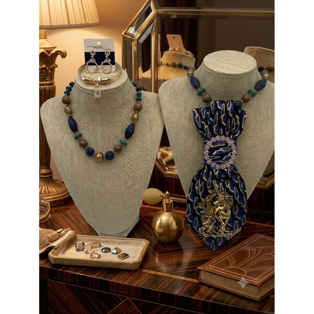 Neiman Marcus Silk Tie Necklace Unicorn Brooch Set Earrings Bracelet Blue Gold - Picture 5 of 12